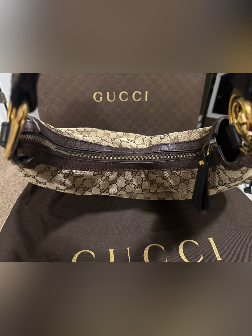 ❤️ Authentic Gucci GG Canvas & Leather Hobo Purse W/ Original Dust Bag & Box ❤️ - Picture 9 of 16
